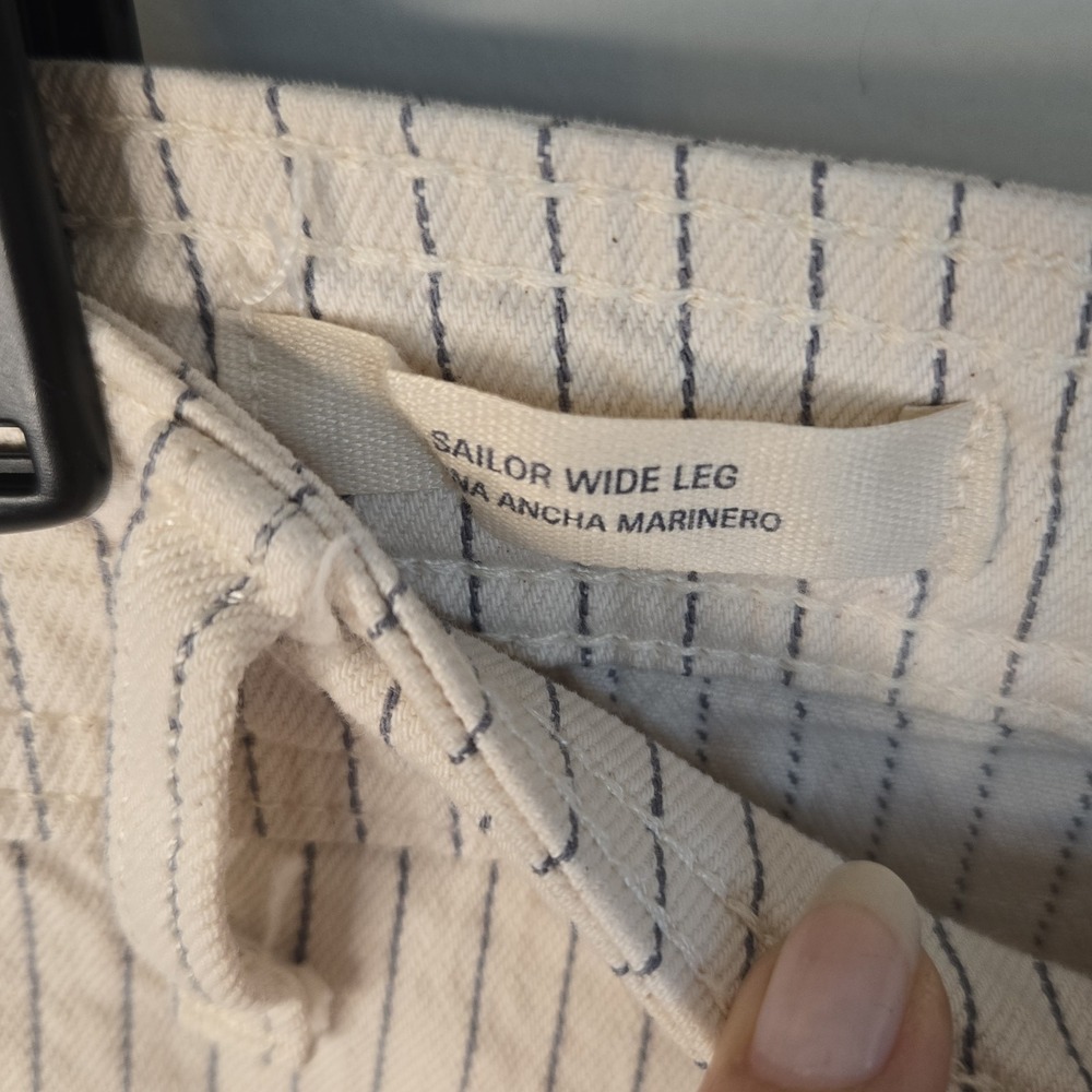 Chino Wide Leg Sailor Pants Womens 12 Nautical Beachy Boho Ivory Stripe Cotton - Picture 5 of 11